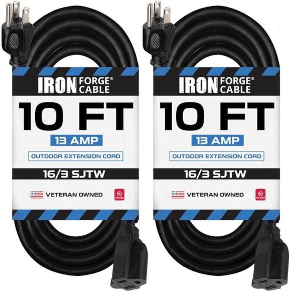 2 Pack Outdoor Extension Cord 10 ft, 16/3 SJTW Heavy Duty Black Extension Cord